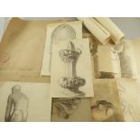 A collection of 19th and later chalk drawings to include architectural studies and nudes, various