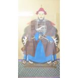 A Chinese early 20th century Imperial court portrait, possibly an emperor, watercolour, H.168cm W.