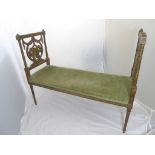 Louis XVI style window seat, the ends carved with bird motifs, green upholstery, L.107cm, W.39cm H.