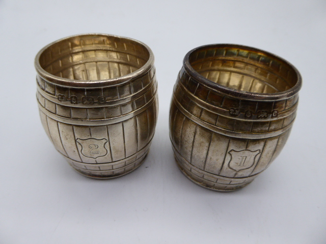 A pair of silver barrels, hallmarked Birmingham, 1902, maker Thomas Hayes, the cartouches marked 1 - Image 2 of 4