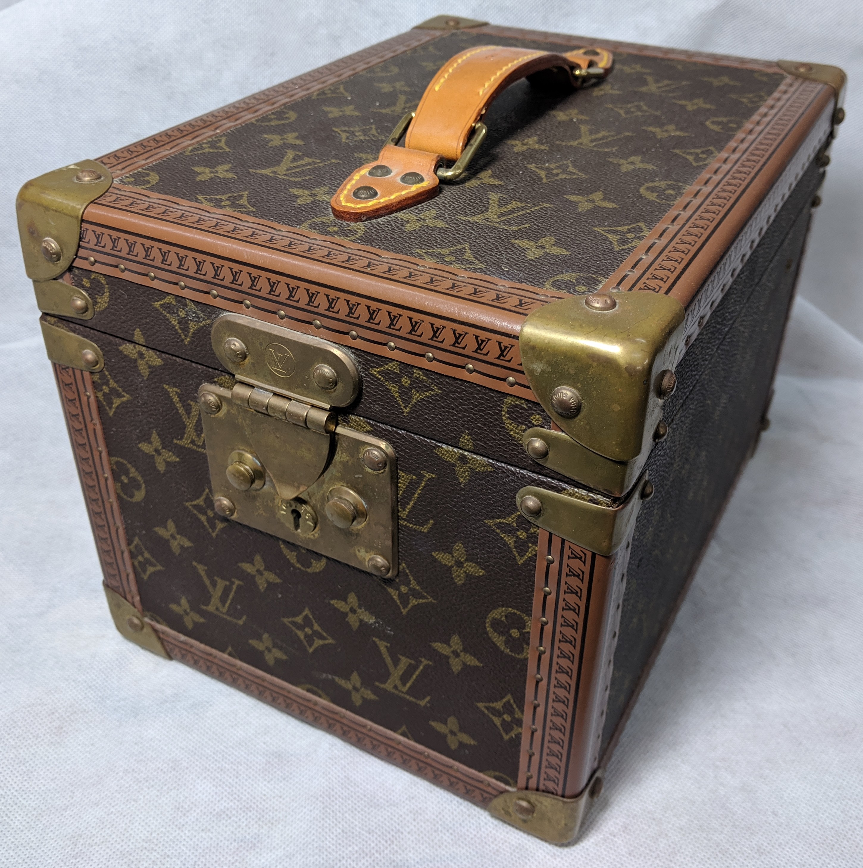 Louis Vuitton travel vanity case, compartmentalised internal box with mirror, canvas and leather,