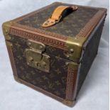 Louis Vuitton travel vanity case, compartmentalised internal box with mirror, canvas and leather,