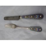 A Russian cloisonne enamelled silver knife and fork, hallmarked, L.21cm