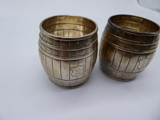 A pair of silver barrels, hallmarked Birmingham, 1902, maker Thomas Hayes, the cartouches marked 1 - Image 3 of 4