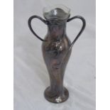 A silver plated WMF twin handled vase with floral central decor, glass liner, signed H.Decugis