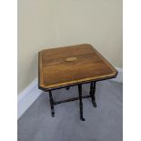 An Edwardian mahogany drop leaf table with marquetry inlay, H.55cm L.55cm