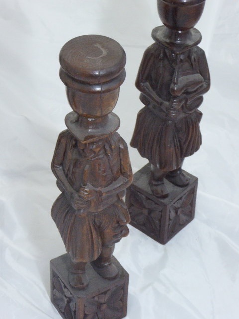 Four oak carved Continental candle holders in the form of figures playing instruments, H.52cm - Image 2 of 2