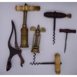 A collection of 6 Victorian corkscrews to include two with bone handles