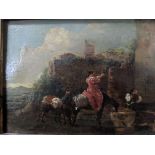 18th century Italian School, a figural study with horses surrounded by buildings, oil on panel, H.