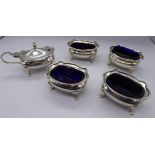 A set of four Mappin & Webb silver salts, together with one other silver salt, hallmarked
