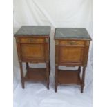 A pair of French mahogany and satinwood bedside tables, green marble tops, chevron crossbanded