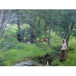 Walter Duncan (1883-1896), a woodland scene with a maiden next to a river, oil on canvas, signed