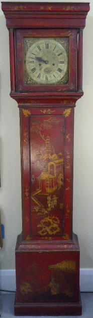 A red lacquered longcase clock, the dial marked 'Jos Lervis Bristol', Chinese style case, H.202cm,