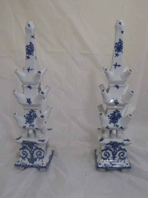 A pair of Delft style blue and white pyramid tulip vases, H.60cm