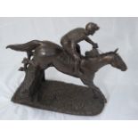 David Geenty (b.1945), jockey jumping a fence, cast bronze filled, signed and monogrammed, H.29cm,