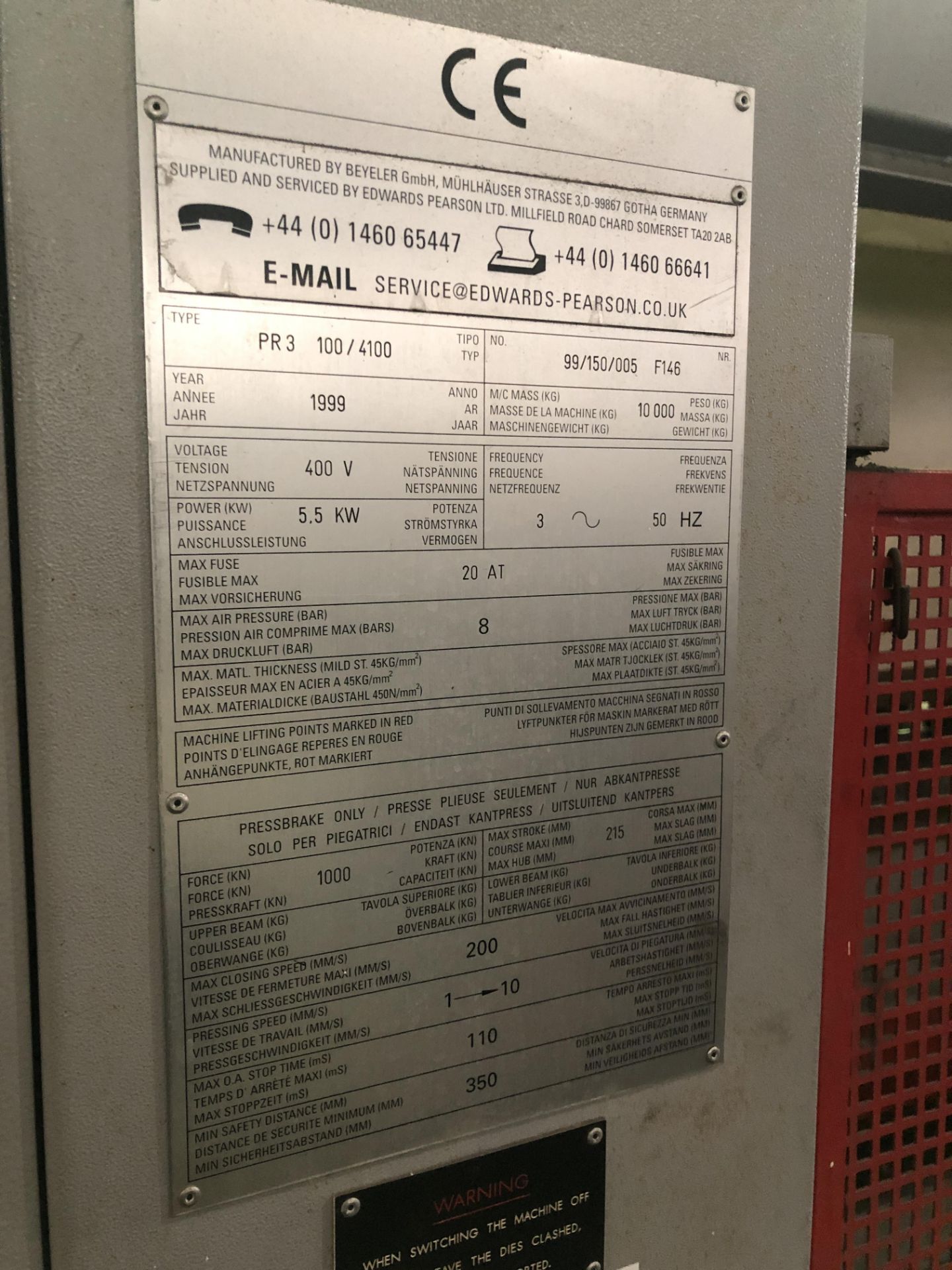 Edwards Pearson (1999) PR3 100/4100 CNC Press Brake Serial No: 99/150/005 F146 with Sick Light - Image 5 of 18