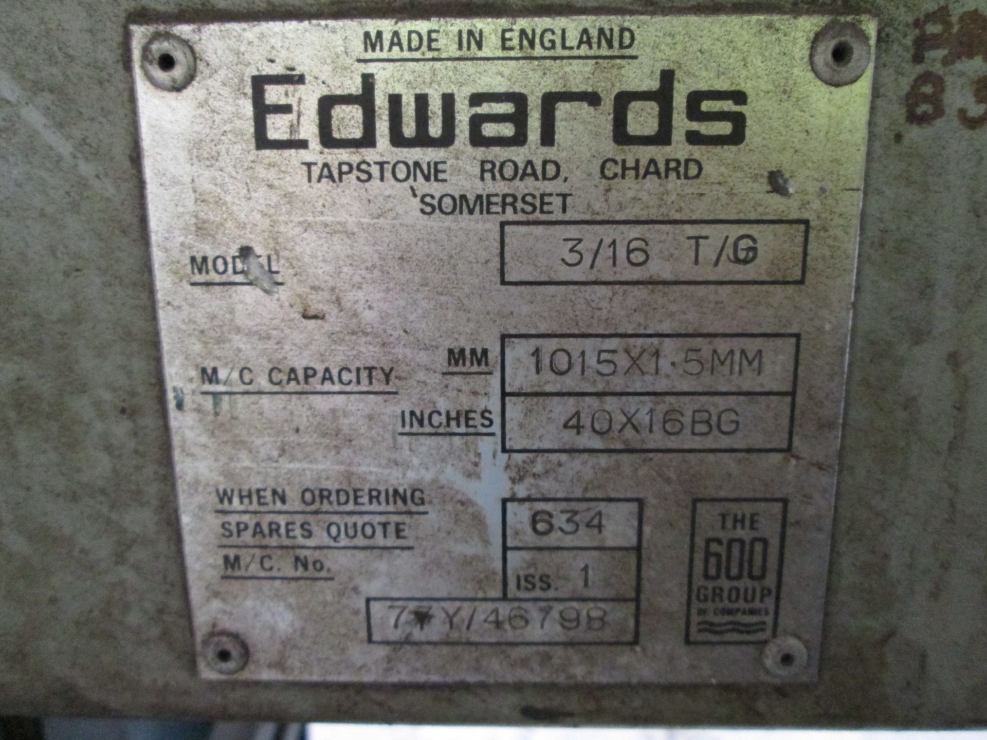 Edwards Pedicut 3/16 T/G Manual Guillotine, Capacity 1015 x 1.5 mm (40 x 16BG) S/N 7Y/46798 - Image 4 of 6