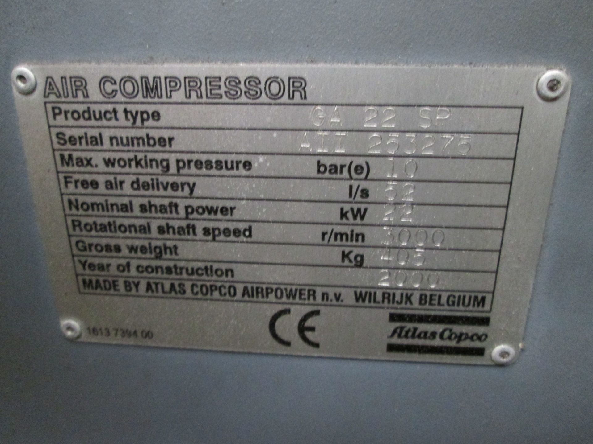 Atlas Copco GA 22 SP Air Compressor, Working pressure 10 bar, Flow 52 l/s, 22kW, Weight 405kg, S/N - Image 4 of 5