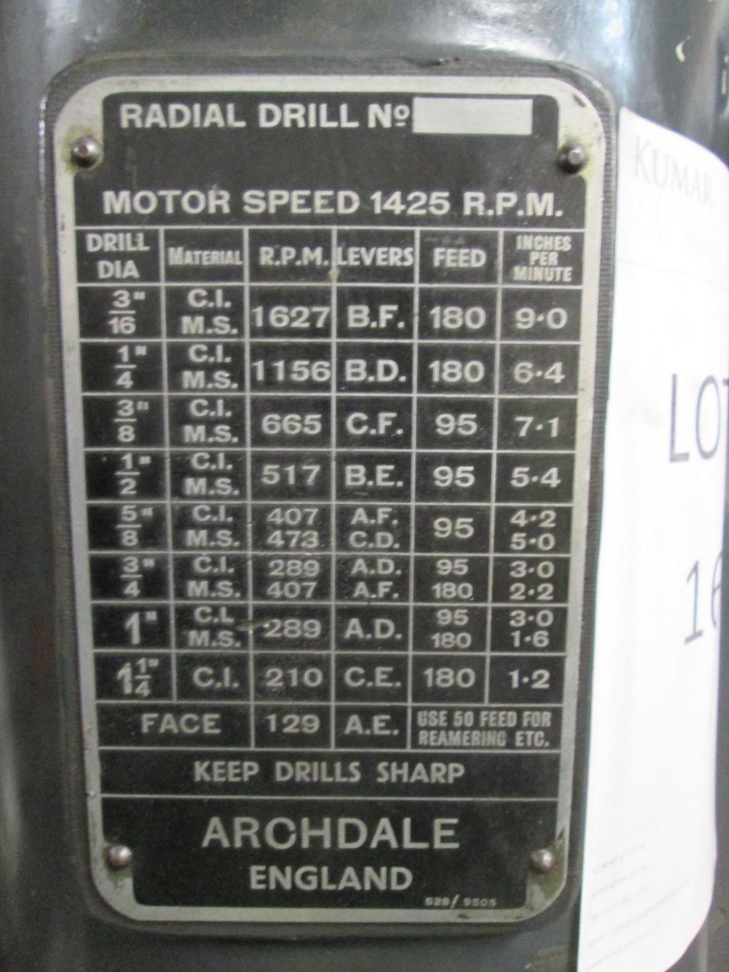 Archdale Radial Arm Drilling Machine, 3 Ft arm, Rise and fall table size 900 mm x 560 mm, Spindle - Image 5 of 9