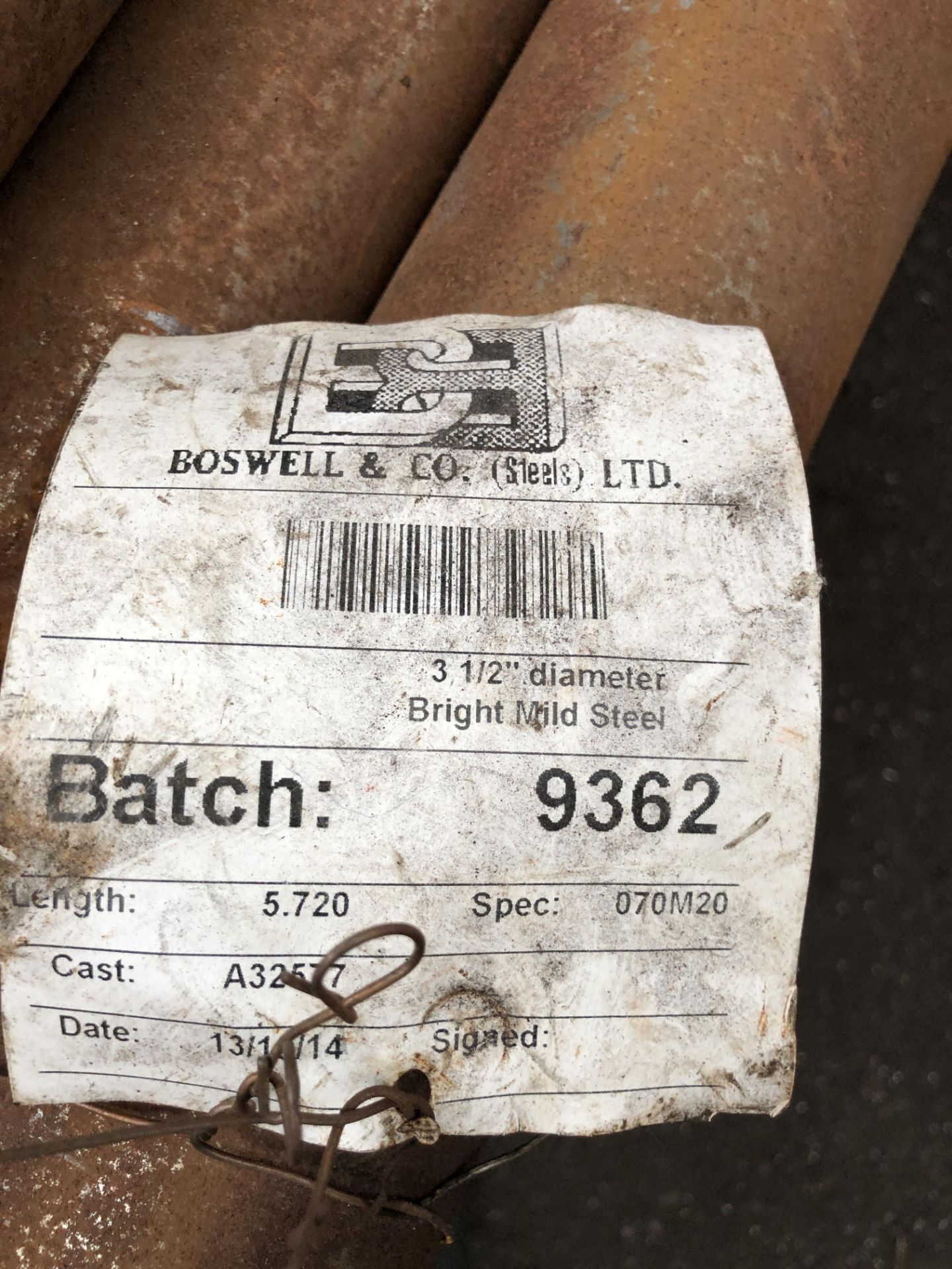 4 x Bars - Batch 9362 - 3 1/2" Diameter Bright Mild Steel Rods, Length 5.720, Cast A32577, Spec