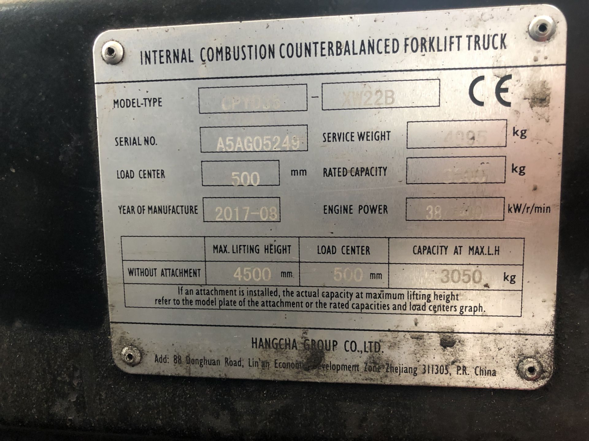 Hangcha XF35L, LPG Fork Lift Truck Model CPYD35-XW22B. Serial No: A5AG05249. (2017/08) - Image 11 of 17