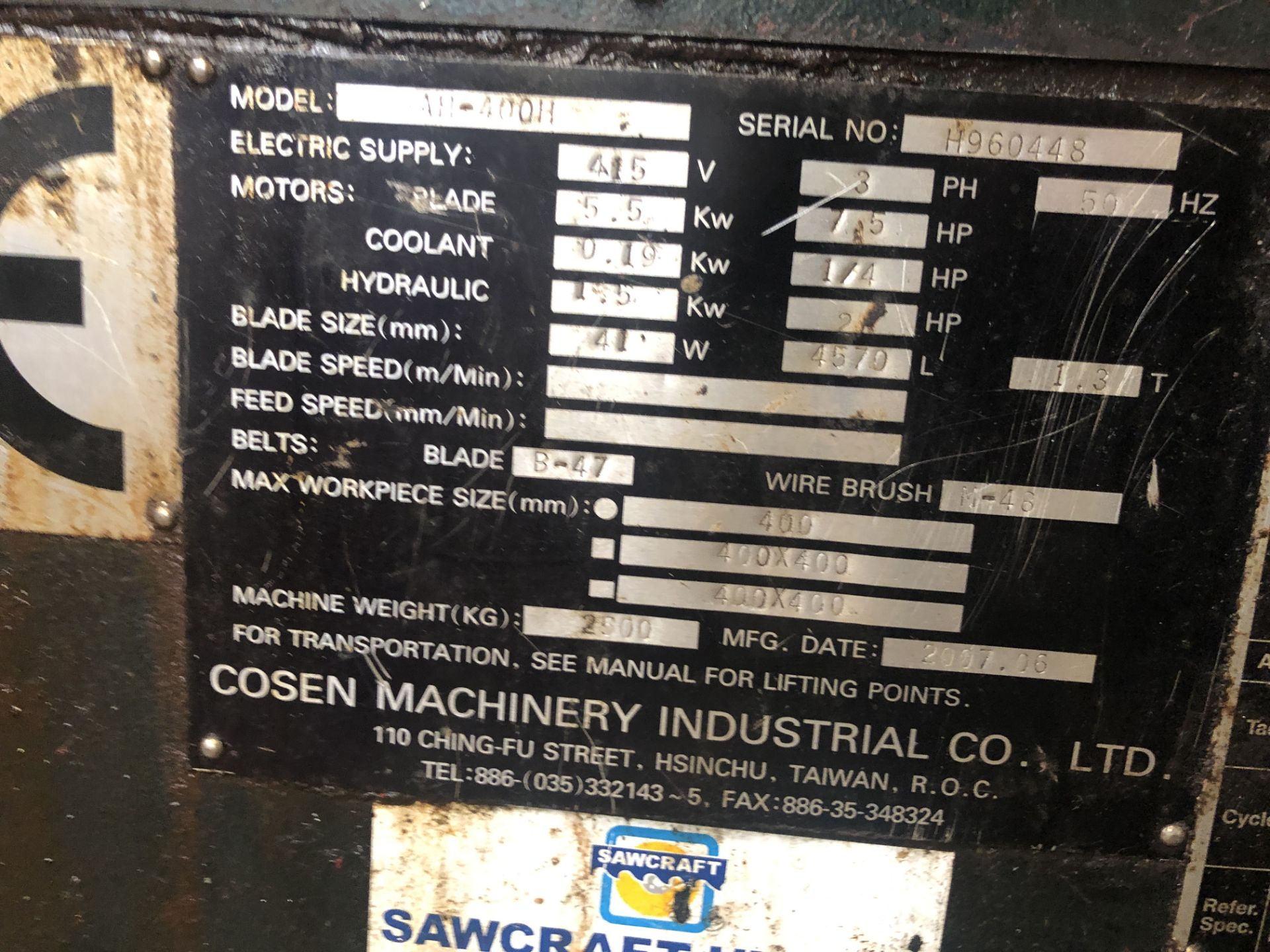 Cosen Machinery Industrial Co, Model AH-400H, Horizontal Bandsaw, Serial No. H960448 (07/2006) - Image 3 of 12