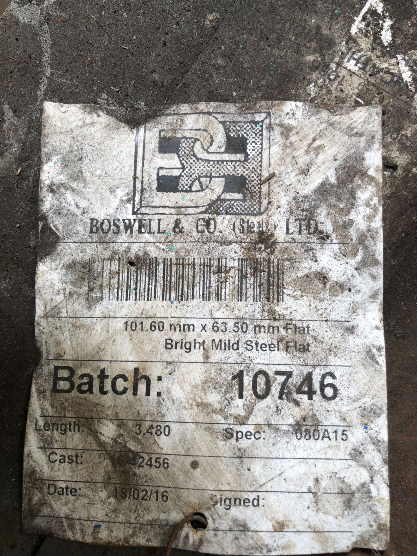 Batch 10746 - 6 x 101.60mm x 63.50mm Flat Bright Mild Steel, Length 3.480m Spec 080A15 Cast 16/