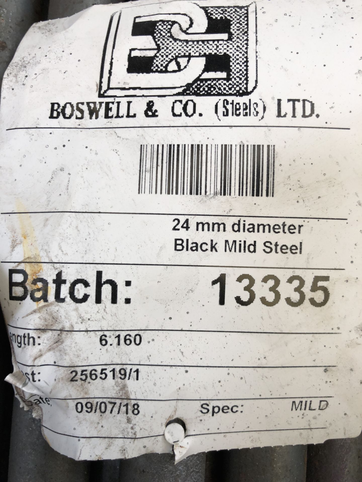 Bundle of - Batch 13335 - 24mm Diameter Black Mild Steel Rods, Length 6.160, Cast 256519/1 date 09/