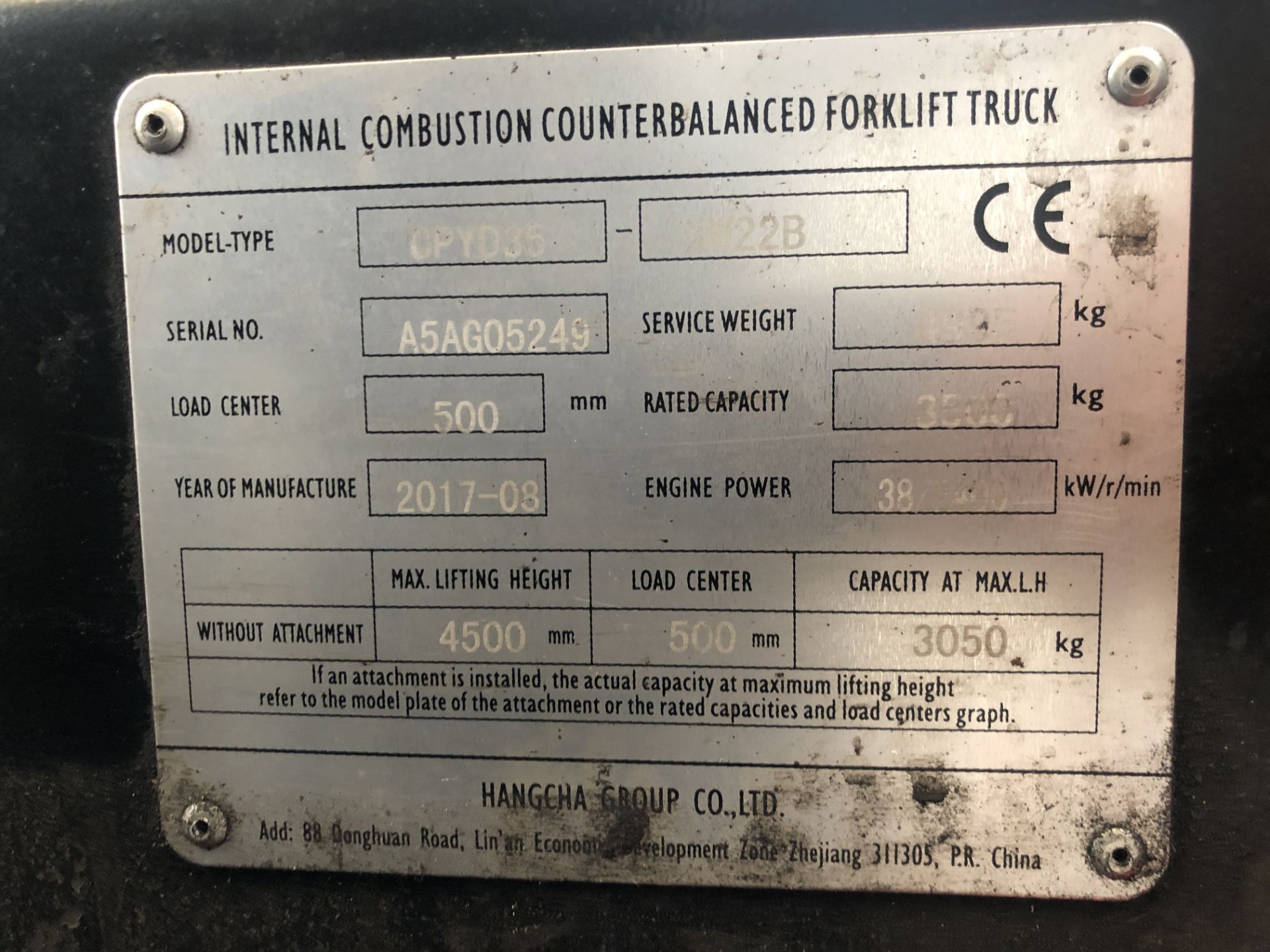 Hangcha XF35L, LPG Fork Lift Truck Model CPYD35-XW22B. Serial No: A5AG05249. (2017/08) - Image 12 of 17