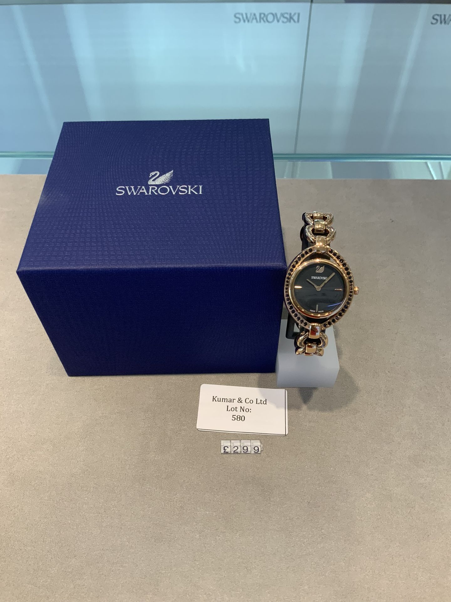 Swarovski Crystal Stella Dark Grey/Rose Gold Leather Strap Watch RRP £299