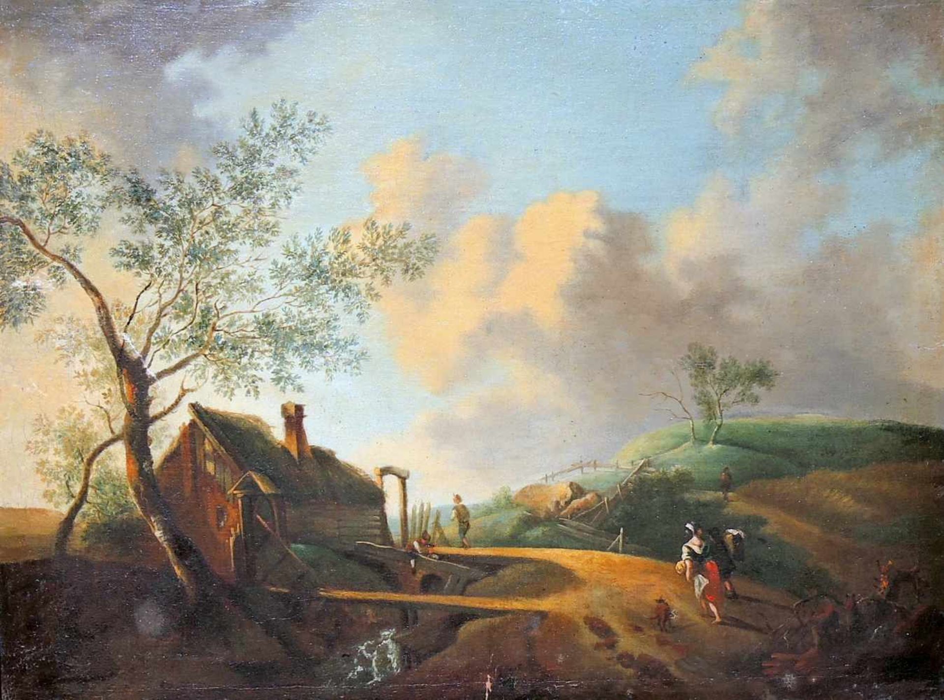 Dörfliches Idyll nach Georg SchützÖl/Leinwand. Bauernhaus mit weitläufiger Ackerlandschaft und