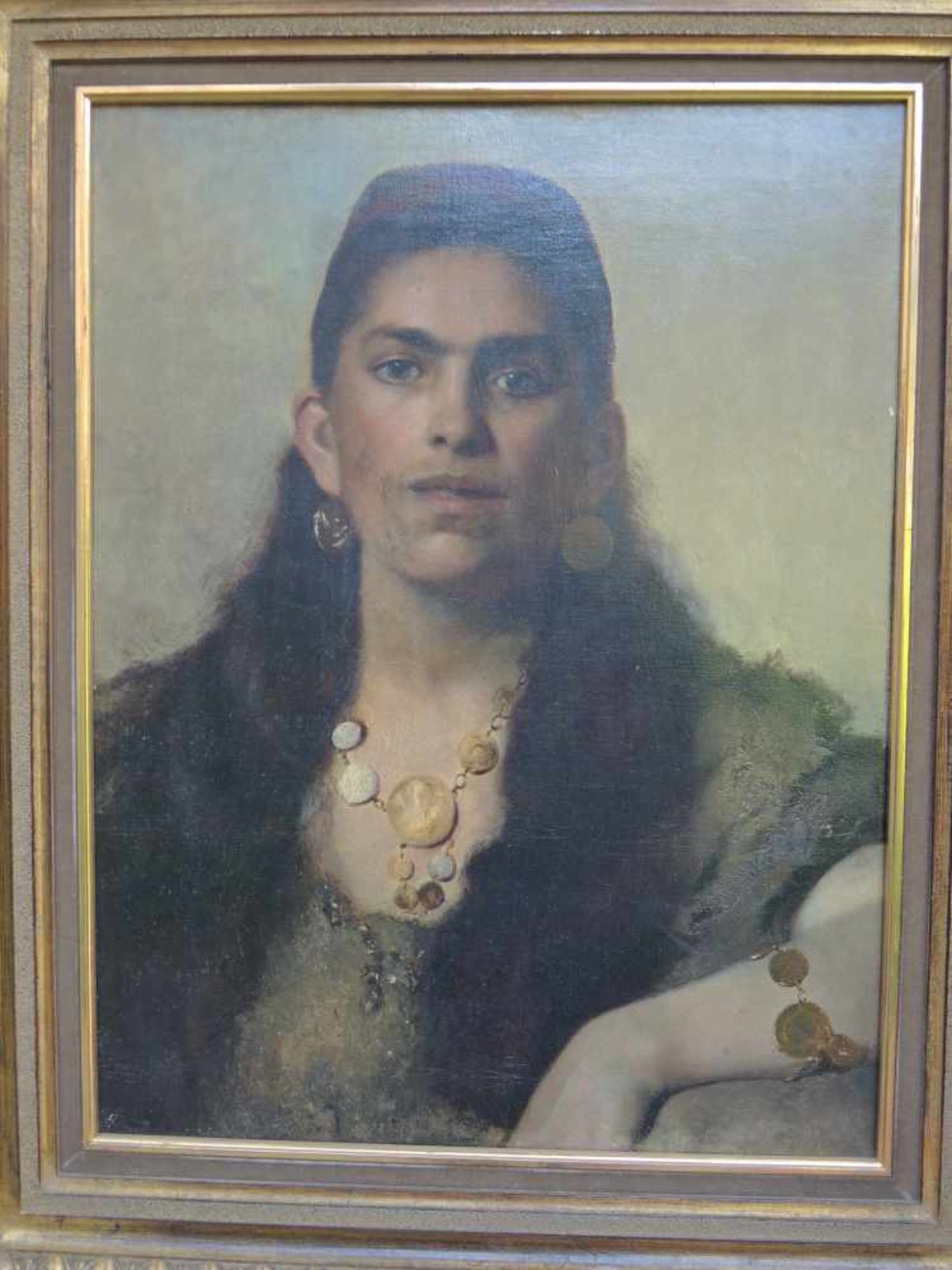 Arabeske SchönheitÖl/Leinwand. Realistisches Porträt einer Orientalin. Unsigniert. Minimale - Bild 2 aus 2