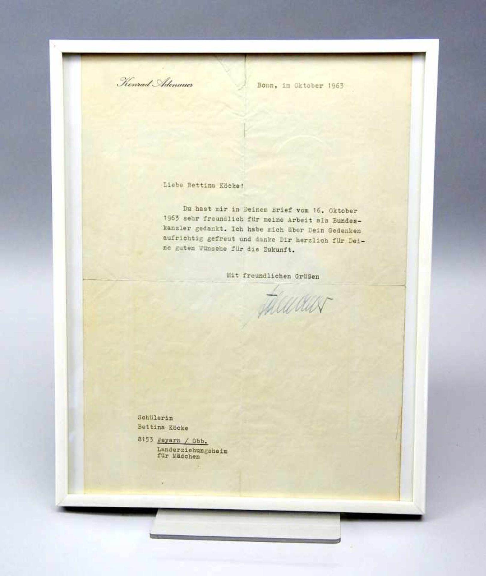 Antwortbrief Konrad AdenauersPapier. Brief des von 1949 bis zum 12. Oktober 1963 regierenden