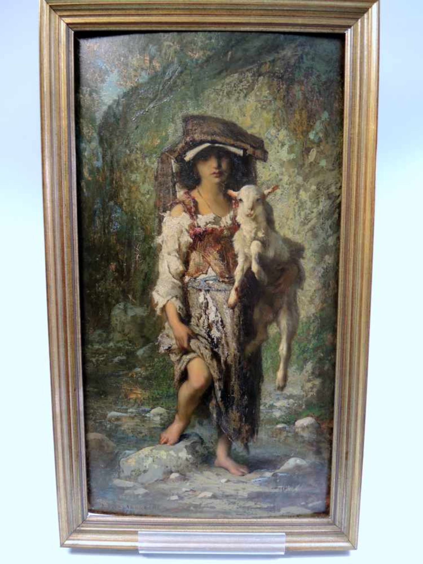 Antoine-Joseph Bourlard, 1826 Mons - 1899 ebendaÖl/Holz. Junges Mädchen mit Lamm in italienischer - Bild 2 aus 3