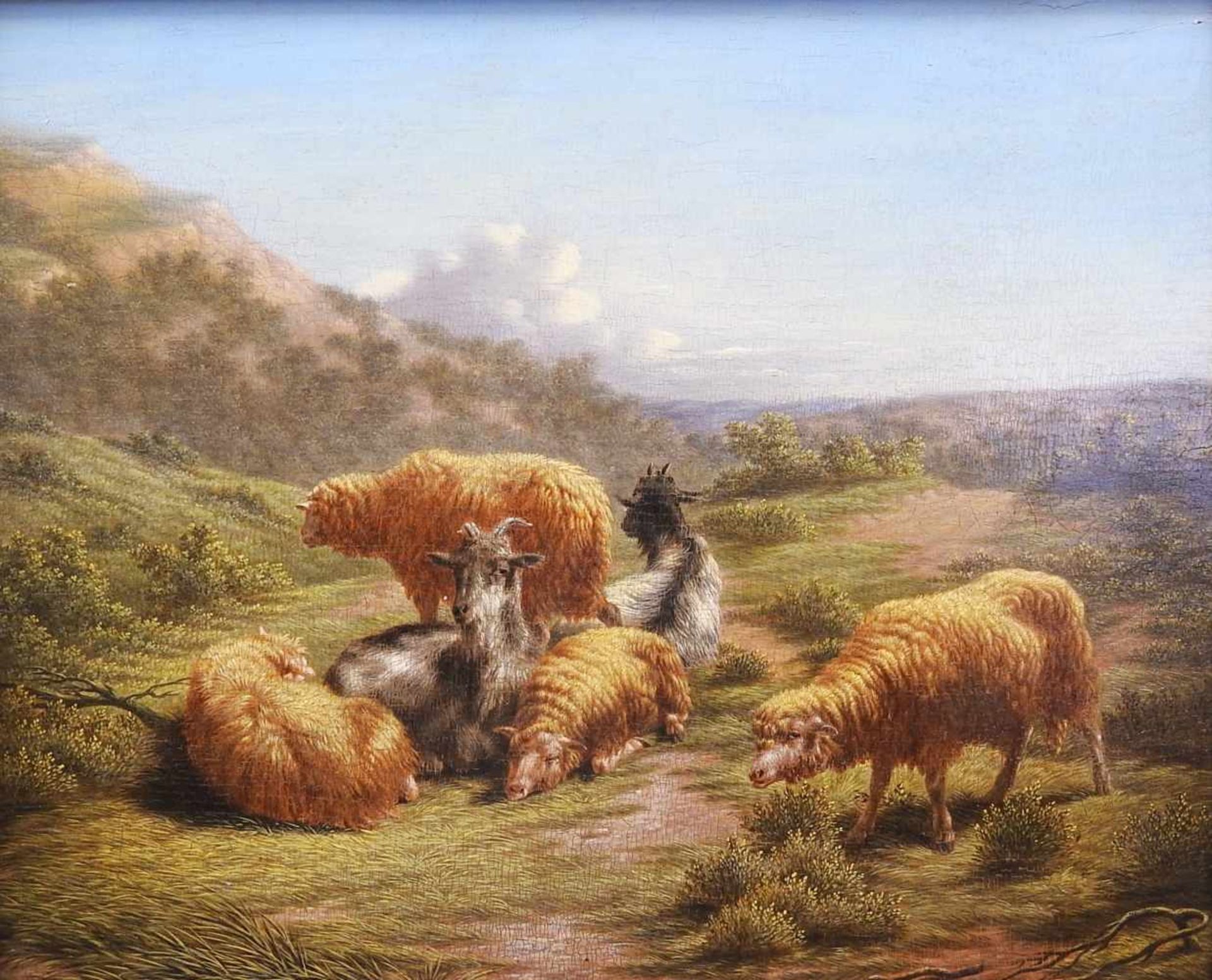 Schaf- und Ziegenherde in ländlicher IdylleÖl/Holz. Kleine Herde mit zwei Ziegen und vier Schafen,