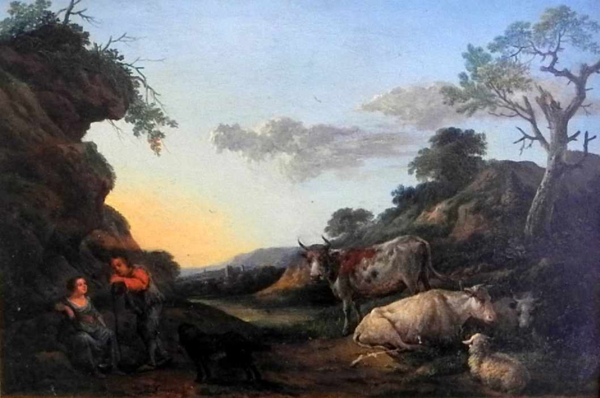 Frans Xavery, 1740 Den Haag - 1788 unbekanntÖl/Holz. Ideale Landschaft mit Viehhirten. Links unten