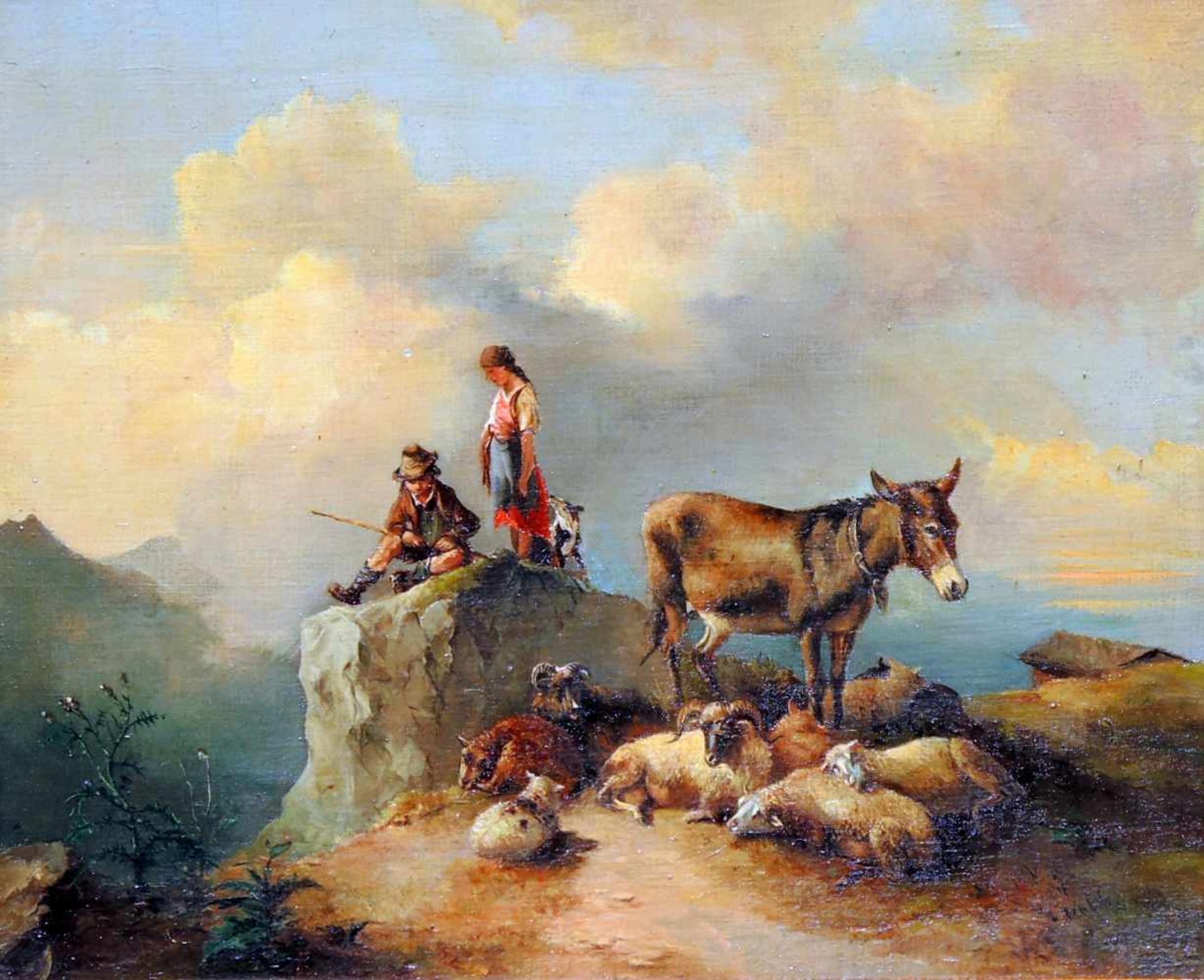 Gebirgspanorama mit SchäferfamilieÖl/Holz. Eine Schäferfamilie samt Herde und Esel rastet auf