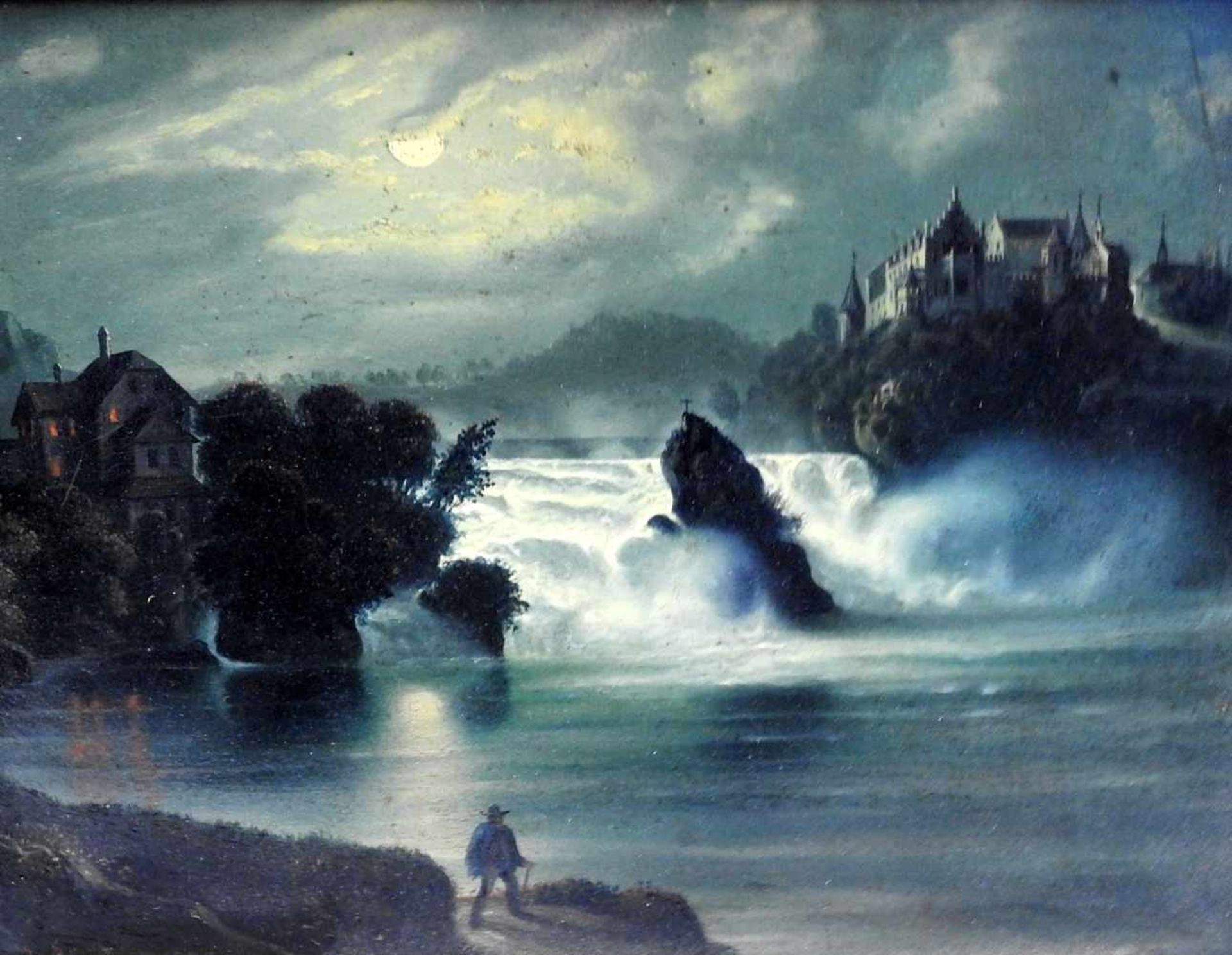 Der Rheinfall bei Schaffhausen im MondlichtÖl/Hartfaserplatte. In Blautönen gehaltene Darstellung