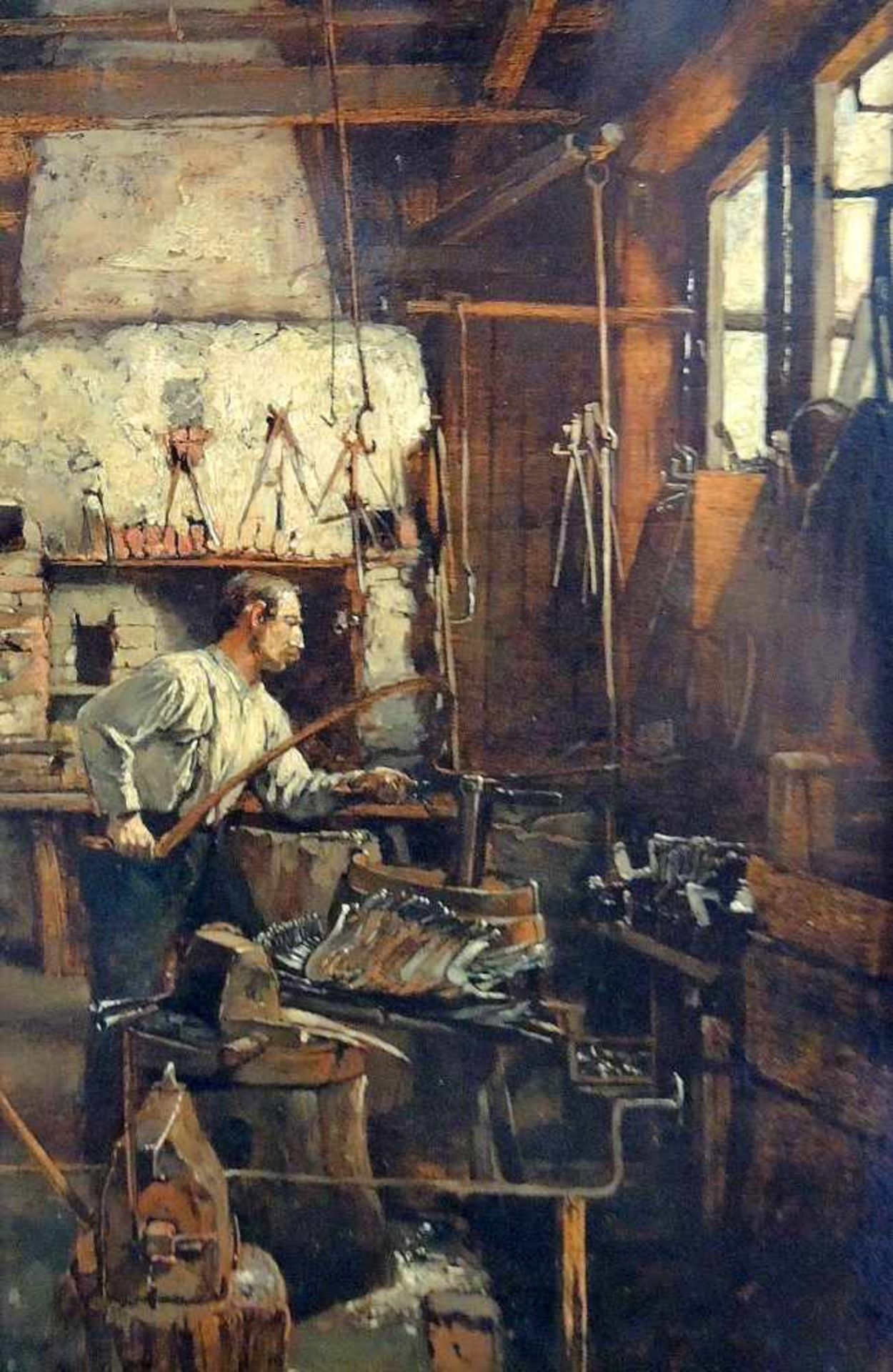 Hugo Charlemont, 1850 Jamnitz - 1939 WienÖl/Holz. Der Sensenschmied. Nicht nur mit Interieurszenen