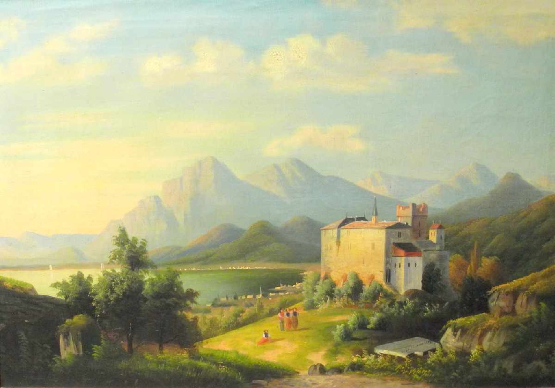 Arnold Forstmann, 1842 Düsseldorf - 1914 unbekanntÖl/Leinwand. Ideallandschaft mit Seestück, Burg