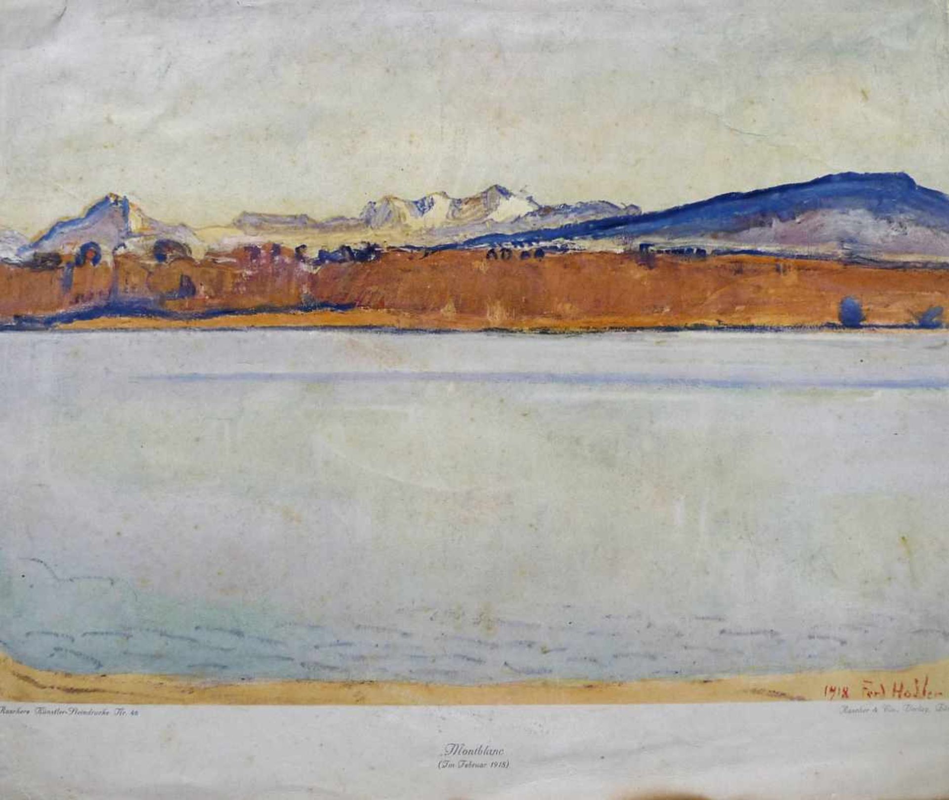 Ferdinand Hodler, 1853 Bern - 1918 GenfFarbiger Steindruck/Papier. "Montblanc". Dass der aus armen