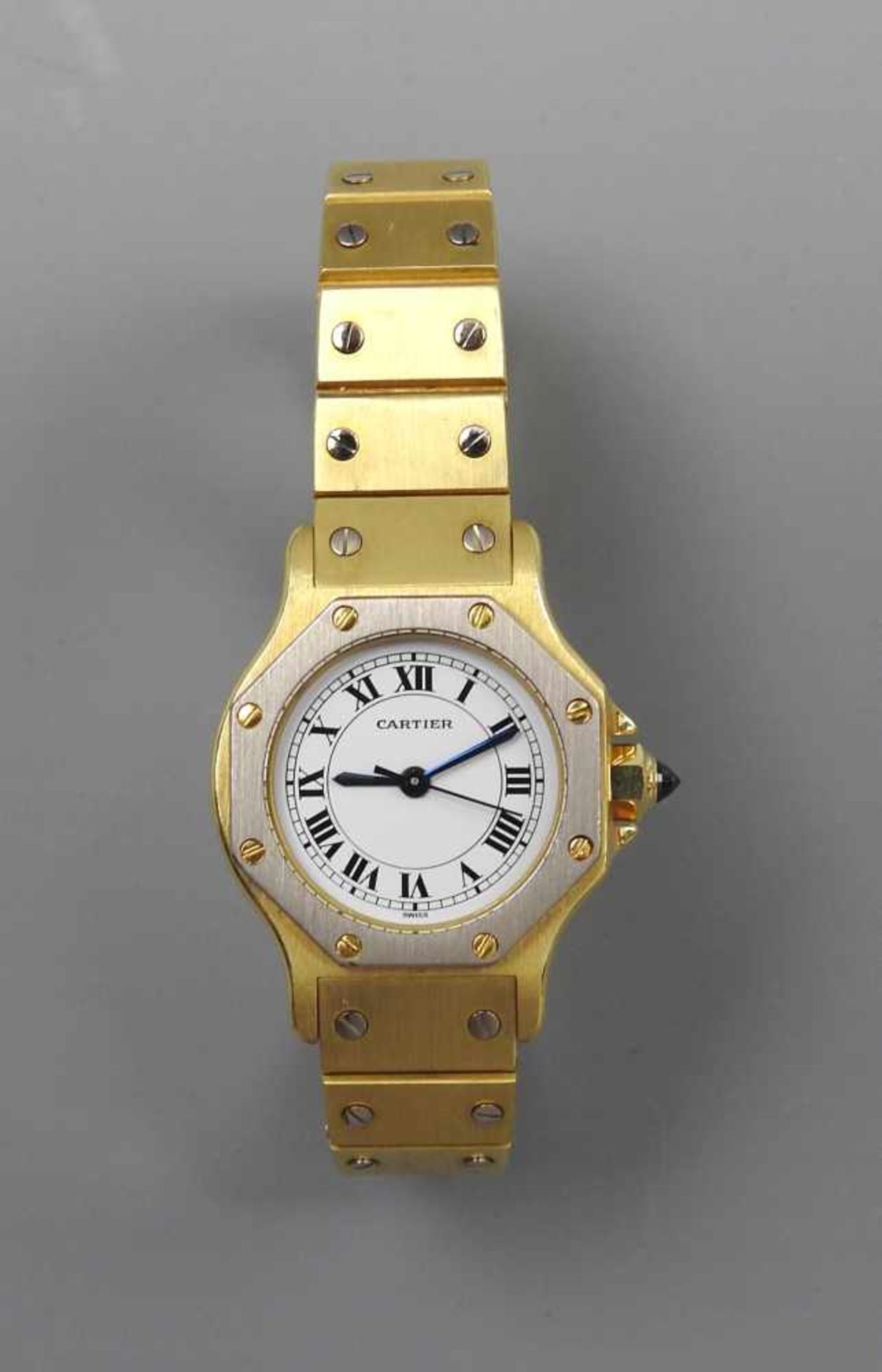 Cartier, Santos Octagon18 K. Weißgold und Gelbgold. Weißes Ziffernblatt mit römischen Zahlen, Band