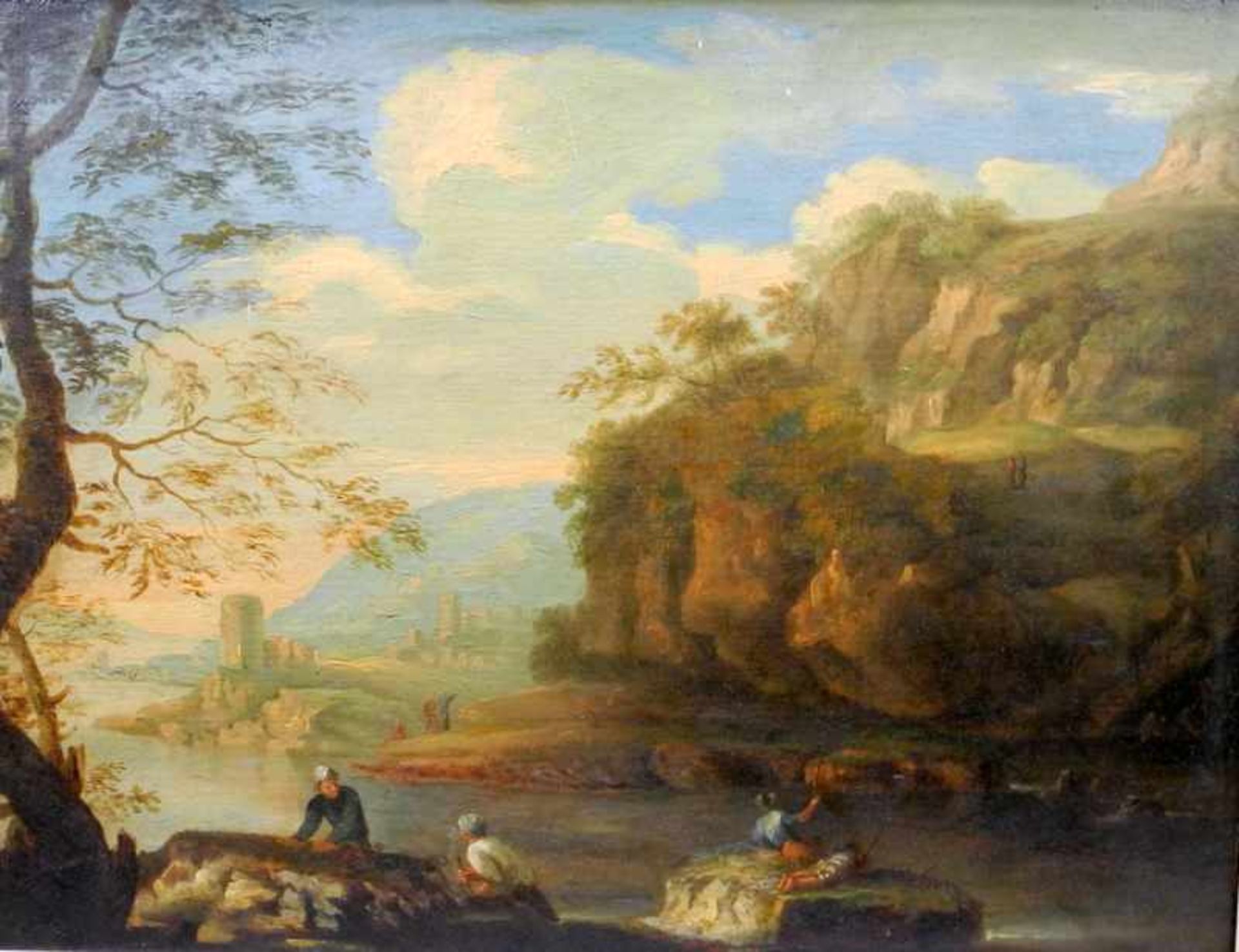 Altmeisterliches Gemälde mit Fischern und WanderernÖl/Leinwand. Romantische Flussszene mit