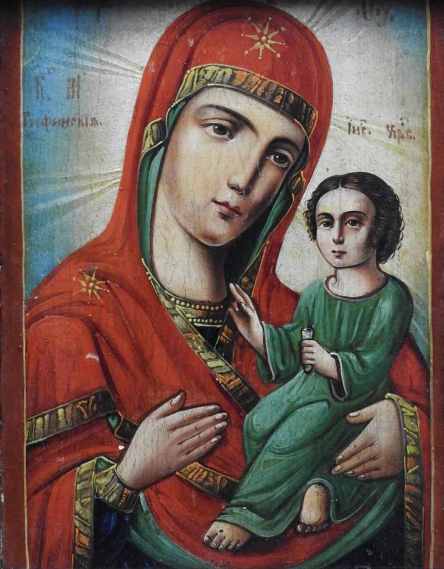 Gottesmutter von TichwinTempera/Holz. Darstellung der Gottesmutter von Tichwin, in der linken das