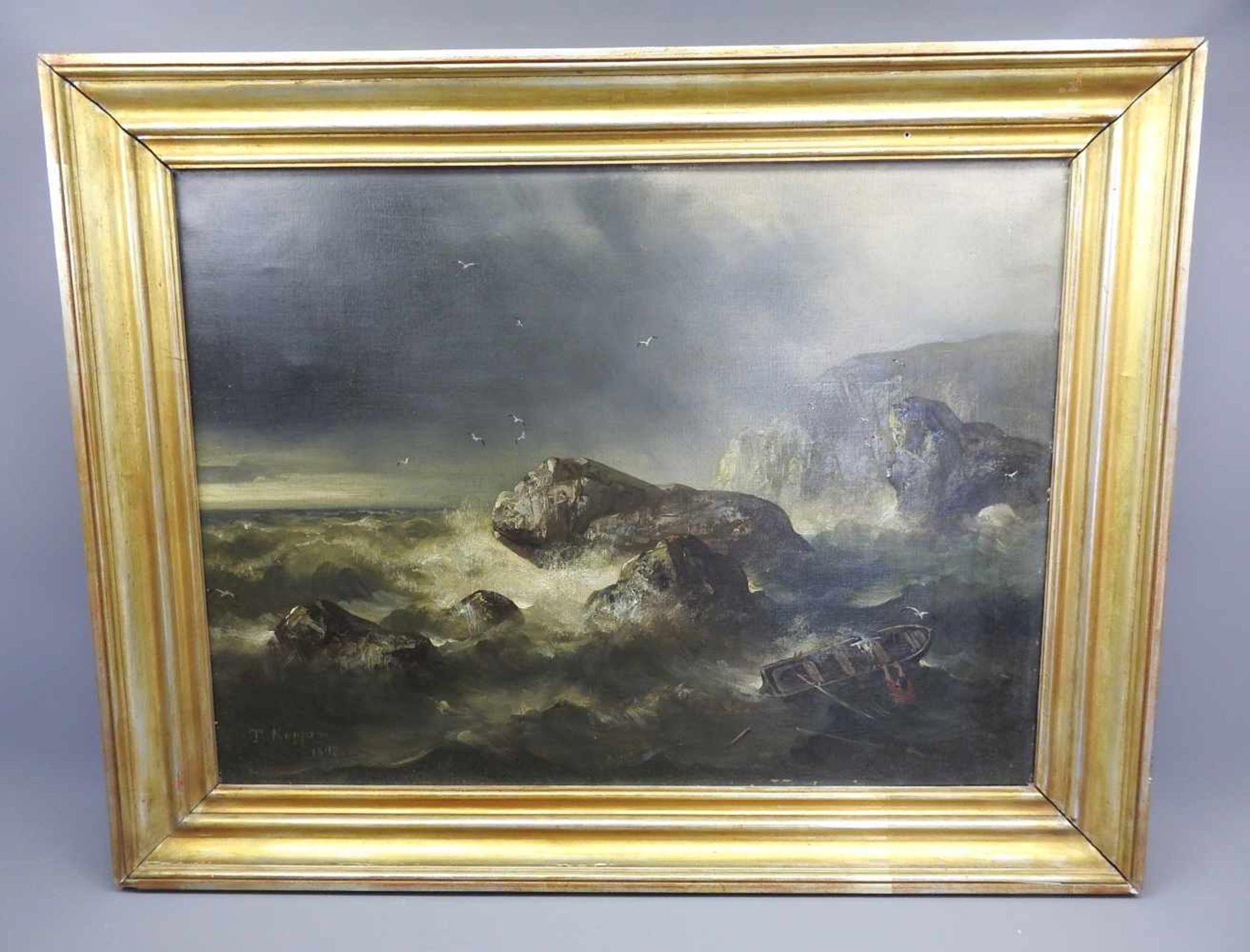 Theodor H.W. Köppen, 1828 Brake - 1903 NymphenburgÖl/Leinwand. Schiffbrüchiger vor rauher Küste. Der - Bild 2 aus 4