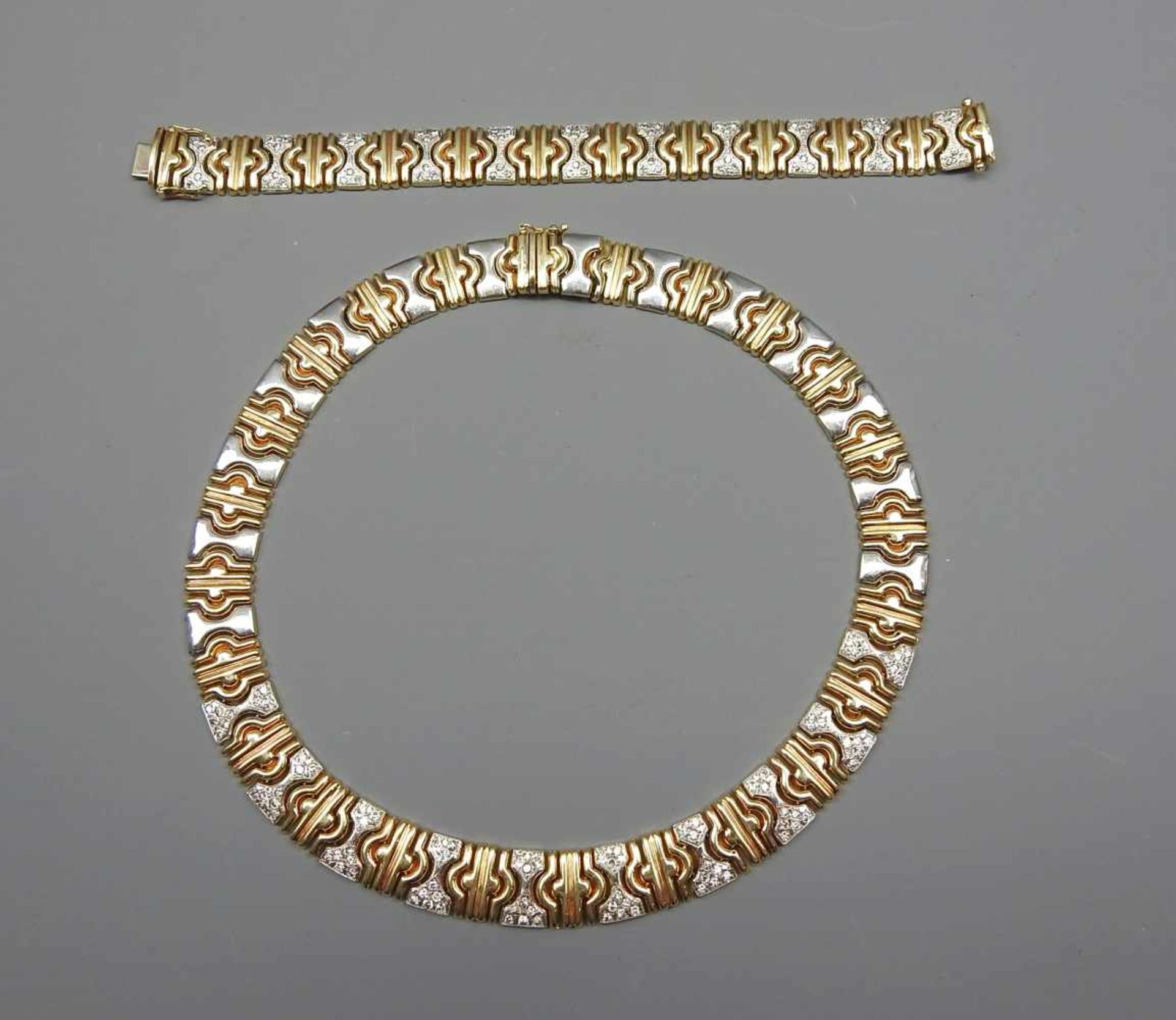 Collier und Armband14 K. Gelbgold mit Diamantbesatz von ca. 0,80 ct. Wohl Deutschland, 1980er-Jahre.