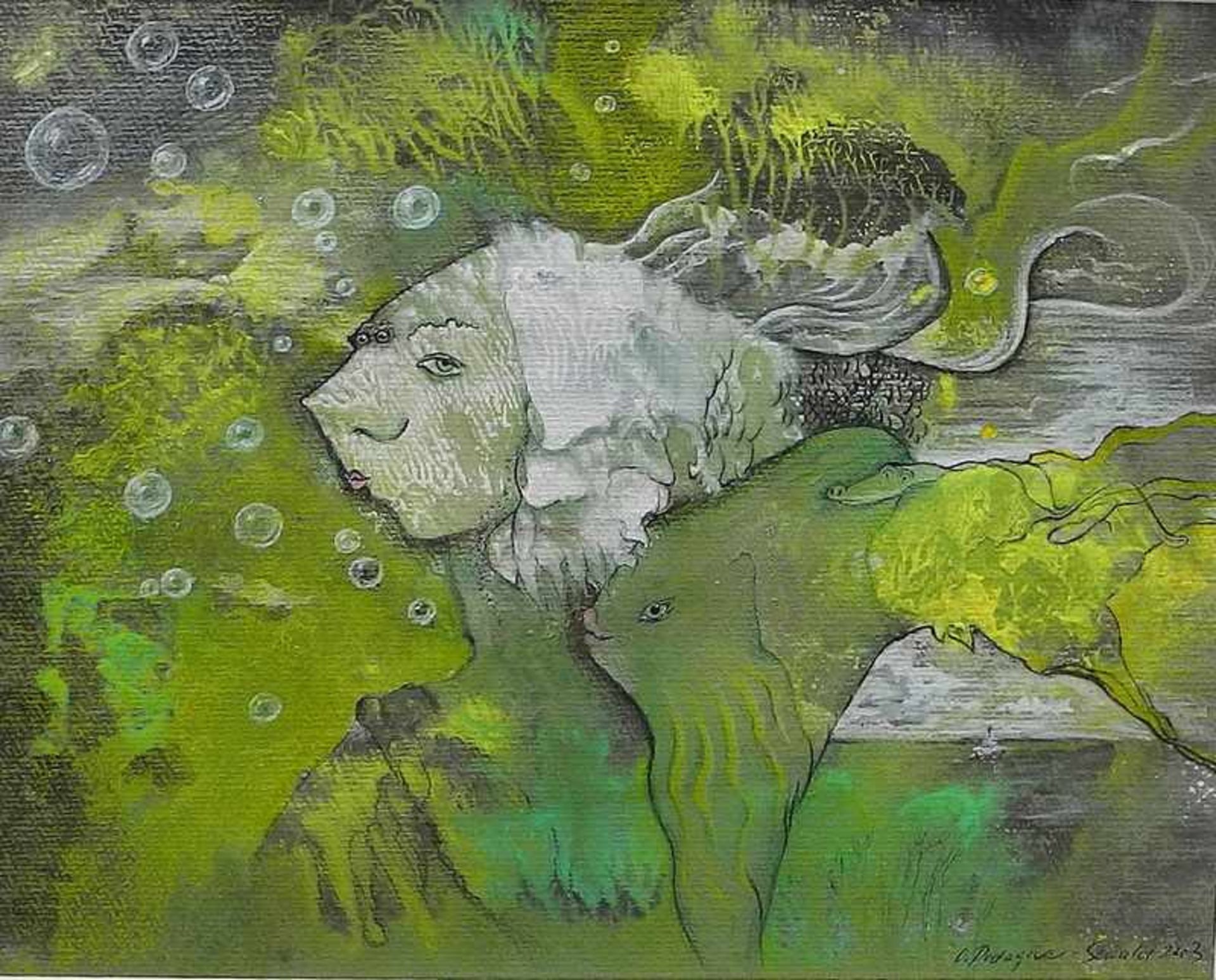 Oxana Podagova-Sewald, geb. 1953 MoskauMischtechnik/Papier. Wasserfrau mit Fischen. Rechts unten