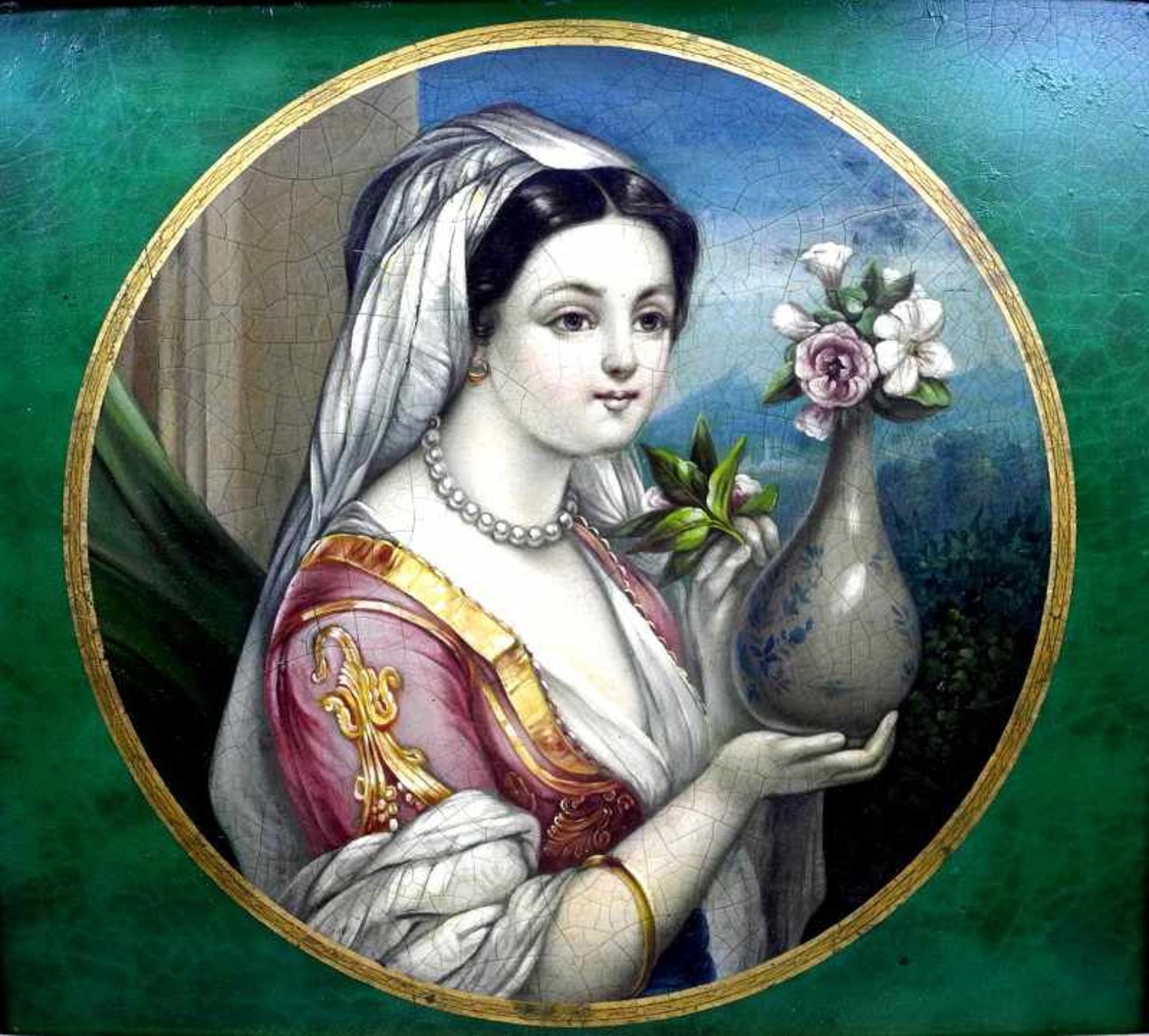 Damenporträt im aufgemalten RundÖl/Holz. Porträt einer Dame mit fließendem Gewand, eine Vase mit