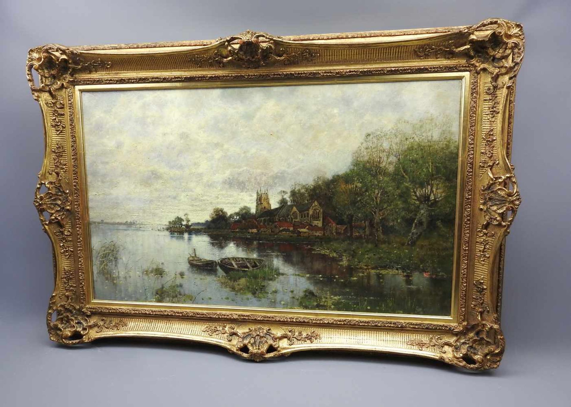 Karl Heffner, 1849 Würzburg - 1927 BerlinÖl/Leinwand. Blick auf einen großen See mit beruhigtem Ufer - Bild 2 aus 2