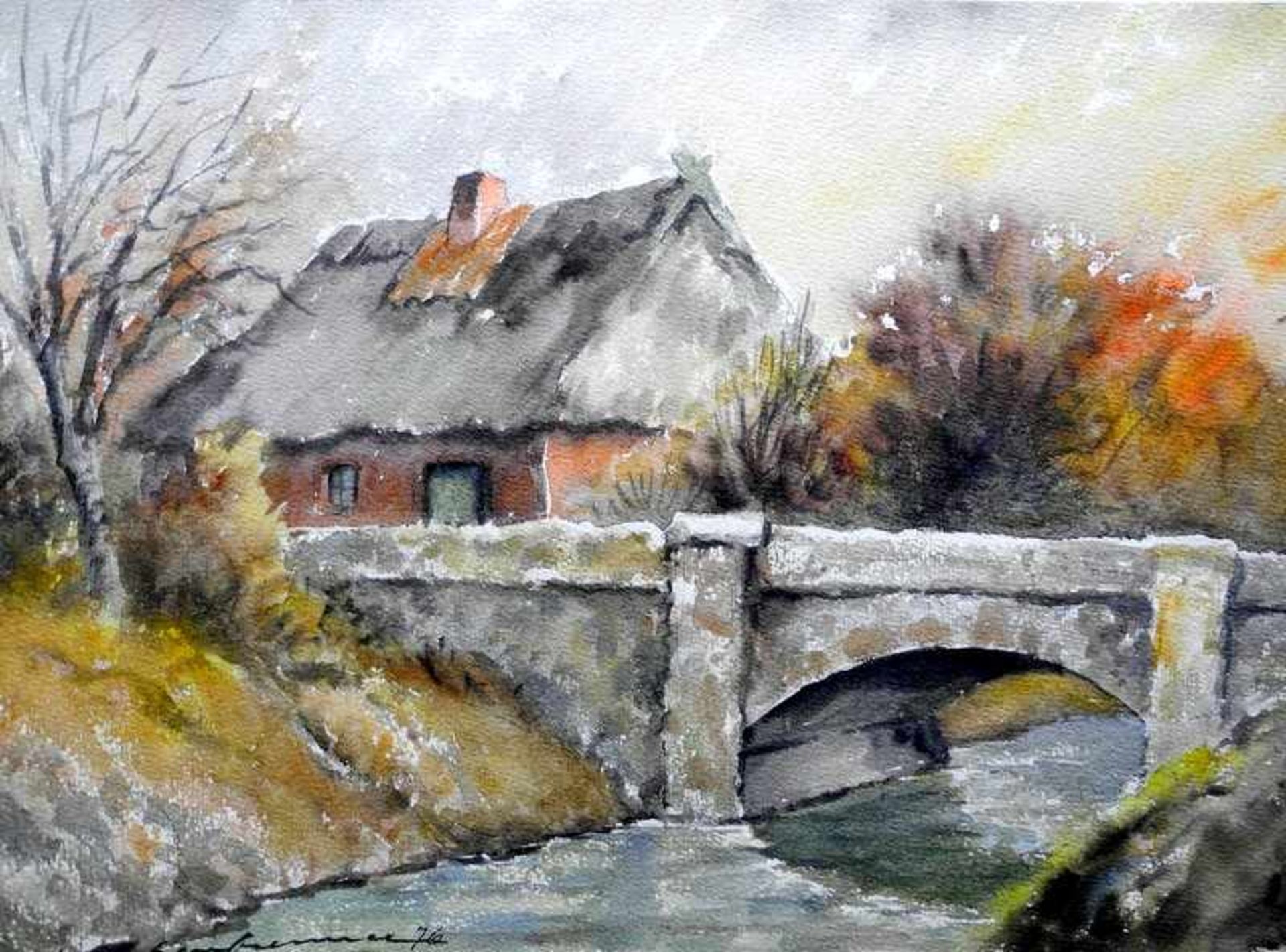 Lennart Aschenbrenner, geb. 1943 SchwedenAquarell/Papier. Ansicht einer Brücke mit angrenzendem